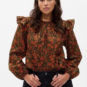 GAP Floral Metallic Long Sleeve Blouse Women's L Orange Black Gold Cornacopia
